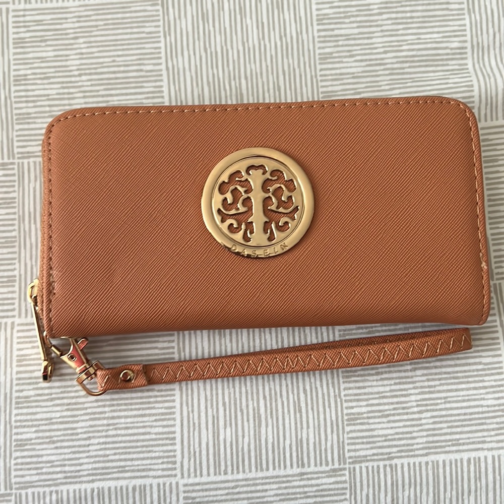 Brown Long Wallet with Removable Strap and Gold Hardware Details
